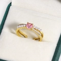 Adjustable gold ring featuring a central pink gem with white pearls and zircon accents - Pink Rhinestone Row Artificial Pearl (Gold 12)