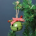 Green metal Christmas bell ornament with star cutouts and a red striped ribbon bow - Green Round Bell