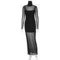 Detalle de vestido negro de malla de manga larga con forro mostrando capas transparentes - S / Negro
