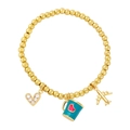 Detail of beaded gold bracelet with enamel cup, heart and airplane charms - Turquoise