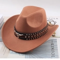 Brown wool felt Western cowboy hat featuring a silver bull head metal emblem and studs - One Size 57-58cm / White Bull Head with Three-Row Studs / Caramel color