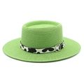Detail of green straw boater hat with cow print band and silver metal buckle - M (56-58cm) / Grass Green