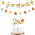 Glittery Give Thanks banner and cake topper set with autumn maple leaves for party decor - Gold Give Thanks Banner + Maple Leaf Garland + Gold Give Thanks Cake Topper
