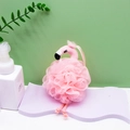 Soft pink flamingo bath sponge for kids featuring mesh fiber and plush embroidered details - Pink Flamingo Regular Bath Flower Shape