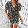 Elegant zwart bloemen T-shirt met V-hals, gele en witte bloemen en ruffelmouwen - S / Zwart