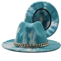 Sombrero fedora bicolor azul y blanco tie-dye con una llamativa banda de cadena dorada - M (56-58cm) / Tie-Dye Mármol Azul y Blanco
