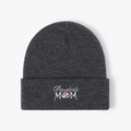 Close-up of Baseball MOM embroidery with baseball graphic on dark grey knit beanie hat - One Size / Dark Gray
