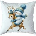Housse de coussin de Noël blanche avec bonhomme de neige sur renne et touches bleues - Style 19