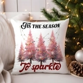 Detail of white Christmas pillow cover with pink tree and 'Tis the season' text - TQYM72-10 (Tis the Season)