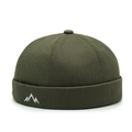 Retro dark olive green docker hat with white mountain embroidery on high-quality canvas - Adjustable / Army Green