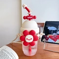 Pink cartoon water bottle with red sunflower straw and beige crossbody strap - Sun Flower White Red