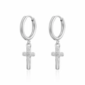 Polished silver stainless steel hoop earrings with crystal cross pendants for women - Cross Zirconia Pendant / Silver