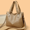 Khaki large capacity leather tote bag with cross stitch pattern and shoulder strap - 9003 Khaki