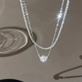 Elegant double-layered silver necklace featuring a white pearl pendant and starlight chain - Double Layer Artificial Pearl Pendant Necklace (0736) / Bright Silver