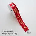 Red Christmas ribbon with gold Merry Christmas print and reindeer, 2.5cm width 5m roll - Red - Grosgrain Letter / 2.5cm Wide-5m/Roll