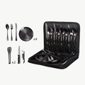 Black stainless steel 4-person camping cutlery set with portable storage bag and plates - [Standard] Black 20-Piece Set