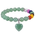 Detailed shot of 8mm green natural stone beads and chakra beads with a heart pendant - Green Aventurine Bracelet