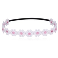 Close-up of white daisy embroidery on a black elastic baby headband with detailed stitching - Pink