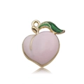 Sweet pink enamel peach charm with green leaf and golden metal loop for jewelry - Enamel Peach 16X17mm