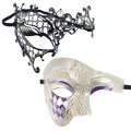 Dettaglio di maschere da ballo per coppia in filigrana nera e motivi screpolati argento - Set (Nero Traforato Strass + Argento Viola Crepato Rombo Mezza Faccia)
