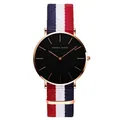 Hannah Martin minimalist black quartz watch with red, white and blue nylon strap - Rose Gold Case Red White Blue NATO Strap