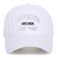 White cotton Brooklyn baseball cap with 3D embroidery showing EST.1631 and New York text - White