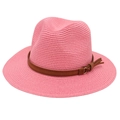 Detail of pink straw Panama hat with woven texture and brown leather belt trim - Pink