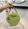 Green marble shell shaped acrylic clutch with thick plastic chain and gold metal strap - Green