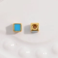 Detailed macro view of S925 silver cube heart bead with light blue enamel and gold trim - Gold and Blue Square Style