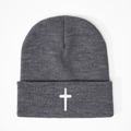 Dark gray knitted beanie with white cross embroidery for winter outdoor warmth and style - Heather Gray