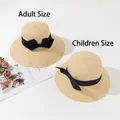 Khaki Strohhüte für Eltern und Kind mit elegantem schwarzem Band und Schleifendetail - Beige / M (56-58cm)