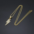 Hip hop gold lightning pendant necklace with iced out rhinestones on black background - Gold Lightning Pendant/60CM Rope Chain / Gold