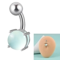 Polished stainless steel 14G navel ring with light blue stone and wear demonstration - 1.6x10x5x8mm / Transparent Green