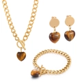 Tiger eye heart pendant jewelry set with OT buckle chain in gold stainless steel - Brown Tiger Eye Pattern Set (KS142653-BH)