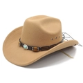 Vue détaillée du chapeau de cowboy en feutre camel avec bandeau en cuir et turquoise - M (56-58cm) / Chameau