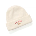 White knitted beanie for women featuring cute puppy embroidery and red lettering - Beige Hat