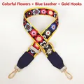 Macro view of wide floral strap with blue leather trim and golden metal swivel hooks - Colorful Flowers + Blue Leather / Silver Hook