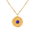 Titanium steel sunburst necklace featuring a blue gemstone pendant on a gold bead chain - Gold/Blue