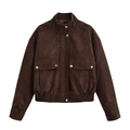Dunkelbraune Wildlederimitat-Jacke mit silbernen Druckknöpfen und elastischem Saum - XS / Dunkelbraun