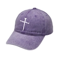 Detail of cross-nail embroidery on vintage washed purple cotton baseball cap - M (56-58cm) / Purple