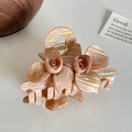Pink pearlescent acetate hair claw clip featuring double 3D rose flower design - 8.1cm / Brown