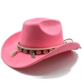 Detail of hot pink cowboy hat featuring white fringe tassels and shell beaded band - M(56-58cm) / Hot Pink