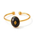 Elegant gold-plated stainless steel open cuff bangle with a faceted black onyx stone accent - Gold (KBJ253)