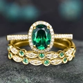 Luxury 18K gold plated oval green emerald ring set with halo diamonds on stone base - US 7 / Gold