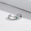 Silver evil eye open ring with double layer band and blue turquoise stones - Evil Eye Stacking Style (Q-J018) / White Gold