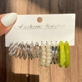 Set of six silver alloy hoop earrings with pearls and green resin charms on jewelry card - 47 White K (1517)