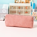 Pink corduroy pencil case with a rectangular design and soft cream-colored zipper pull - Pink