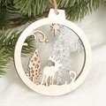 Hollow round wooden Christmas ornament with reindeer, silver glitter trees and jute rope - Style 6-Moon Star Reindeer (Silver Glitter)