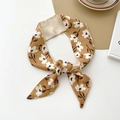 Caramel floral satin hair scarf featuring white flowers and decorative script text - Four-Petal Flower