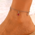 Bracelet de cheville bohème en argent avec tortue rouge et étoiles de mer sur la plage - Style Tortue Étoile de Mer Argent